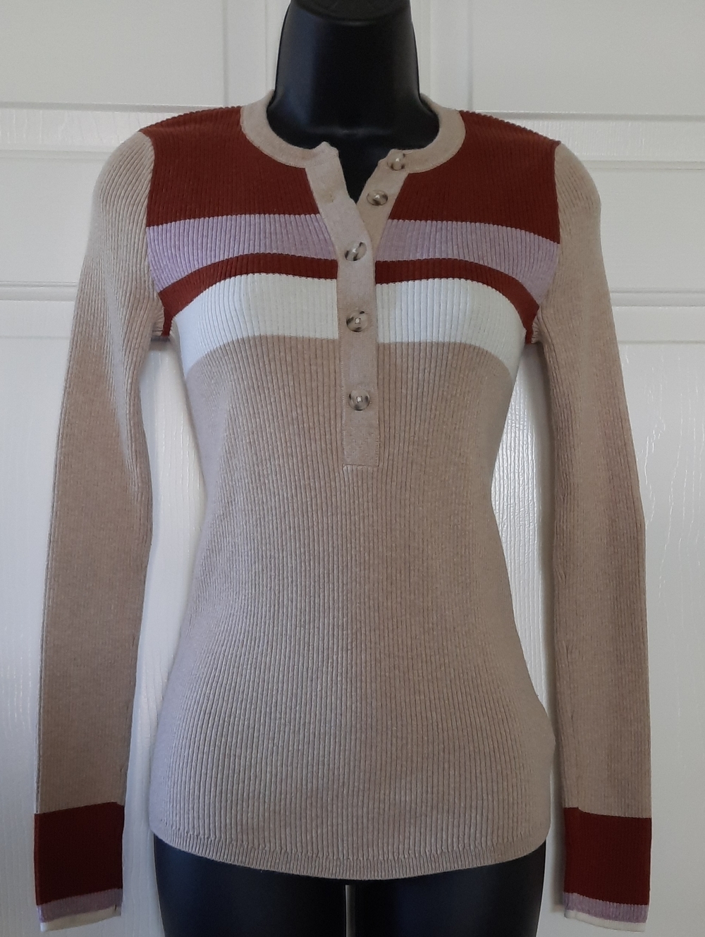 Faherty Ribbed Henley Sweater in Beige, Rust, Lavender & Cream